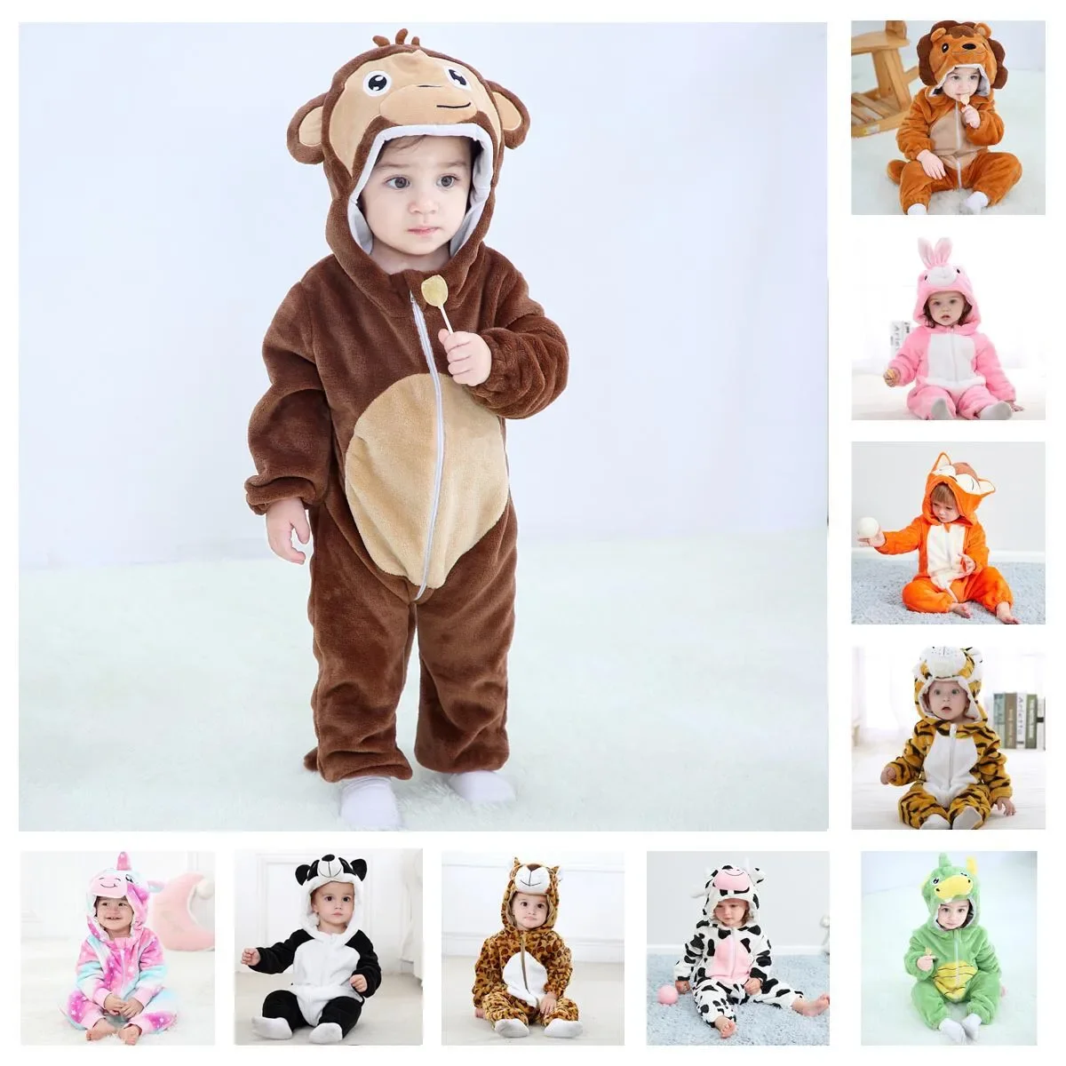 

Cute Cartoon Baby Boys Rompers Winter Flannel Pyjamas Tiger Lion Monkey Rabbit Pig Fox Onesie Kids Kigurumi Pajamas for Girls