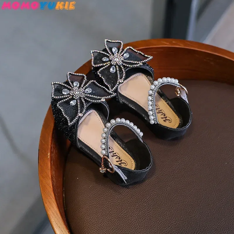 Girls Sequin Lace Bow Kids Shoes Girls Cute Pearl Princess Dance Single Casual Shoe New Children's Party Wedding Shoes D721