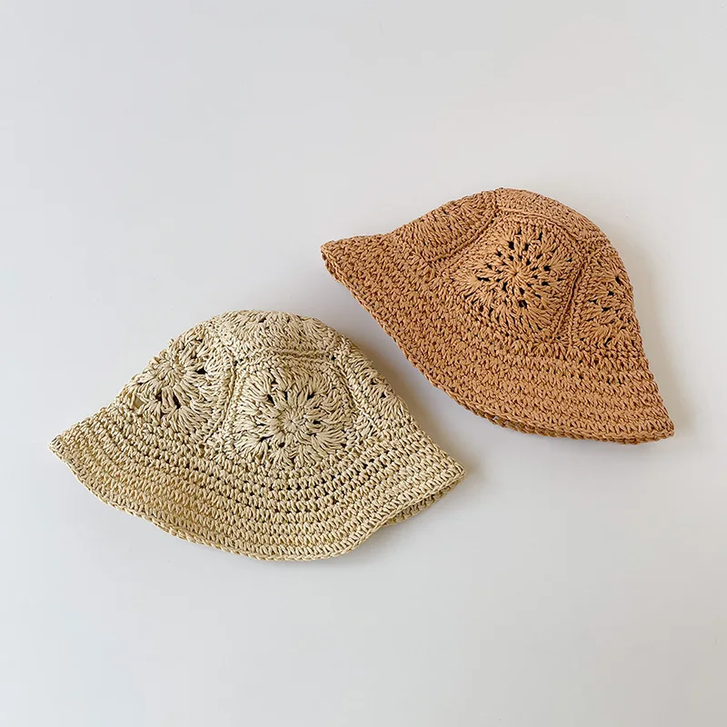 New Summer Kids Straw Hat Summer Girls Baby Outing Sun Hat Retro Hollow Beach Sunscreen Straw Basin Hat Infant Fisherman Cap