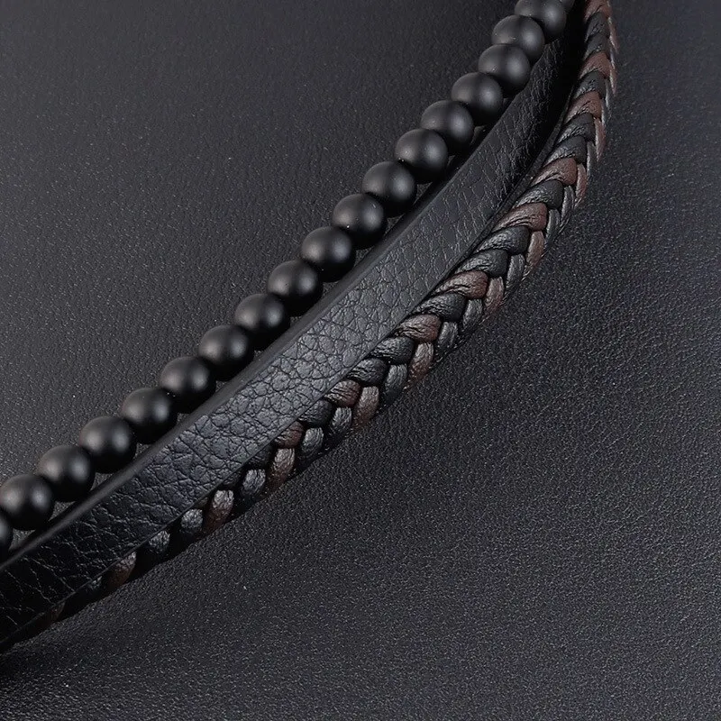 Leather Bracelet Beaded Bracelet Stone Bracelet Men Classic Fashion Leather Bracelet Obsidian Beaded Multi Layer For Men Jewelry Gift