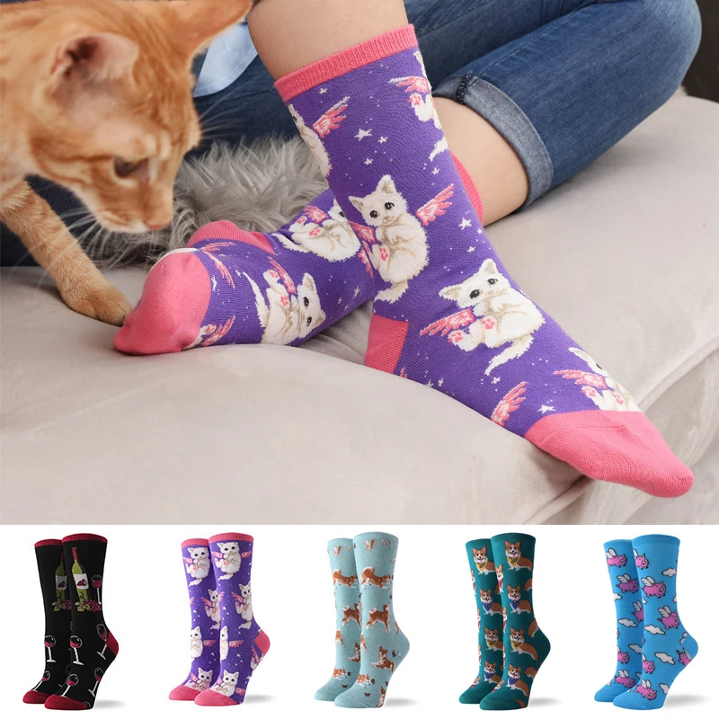 

Hot Sale Colorful Women's Cotton Crew Socks Funny Banana Cat Animal Pattern Creative Ladies Novelty Socks for Gifts