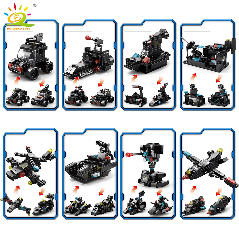 HUIQIBAO 454-585PCS 8in1 SWAT Police Command Truck Building Blocks City Helicopter Bricks Kit Educational Toys for Children 4