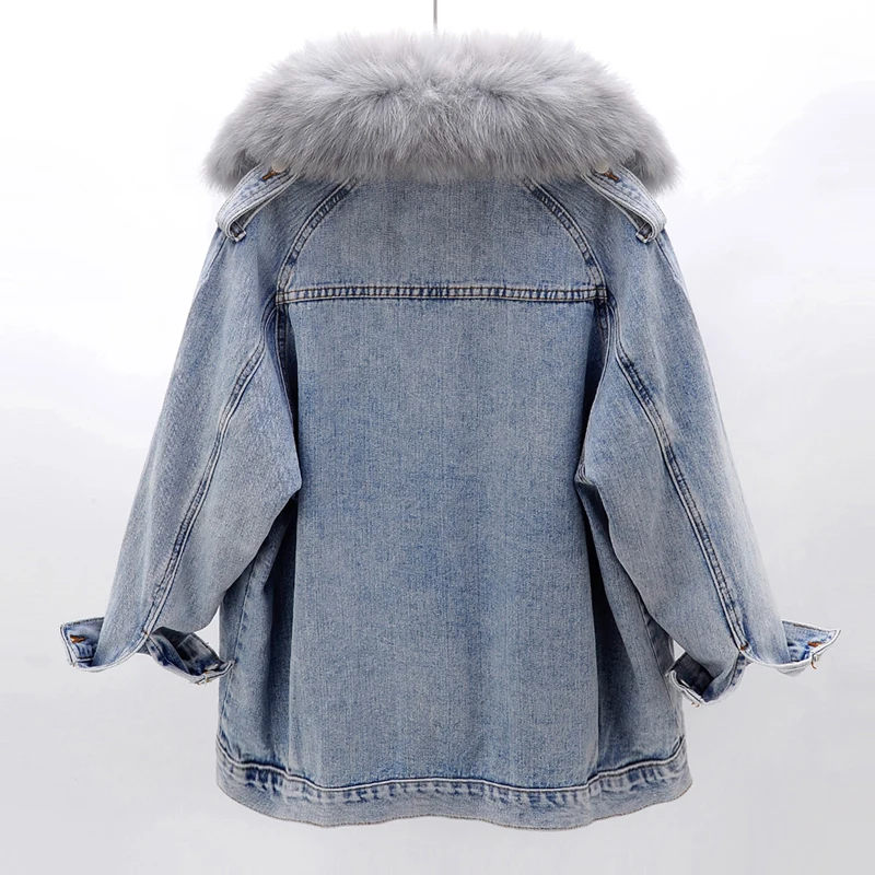 Winter Clothes 2023 Fox Fur Collar Removable Rex Rabbit Fur Liner Denim Parka Overcoat Female Streetwear Long Sleeve Fur Coat