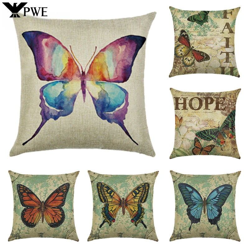 

Linen Butterfly Flower Sofa Decorative Cushion Cover Pillow Pillowcase 45*45 Throw Pillow Home Printed Pillow Case