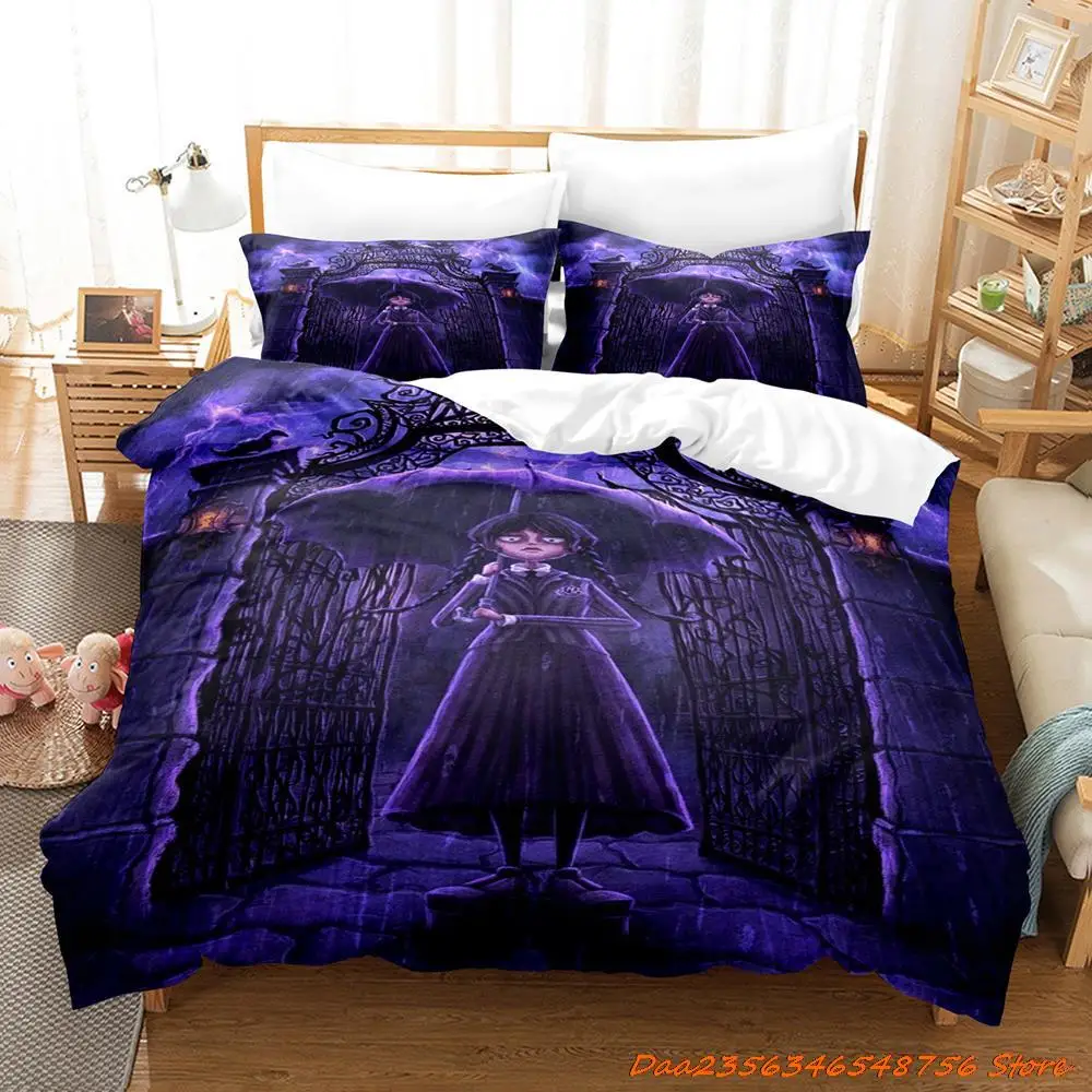Wednesday Addams Bedding Set Cartoon Anime three-piece set Adult Kid Bedroom Duvetcover Sets 3D Cool goth bed sheets 4