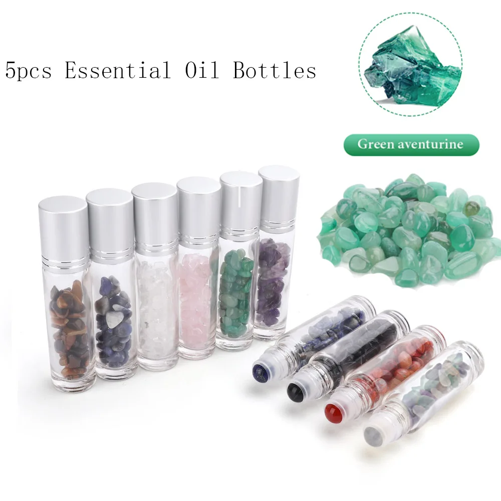 5pcs/Set Natural Stones Essential Oil Gemstone Roller Ball Bottles 10ml Portable Transparent Oil Liquids Roll On Bottles Travel