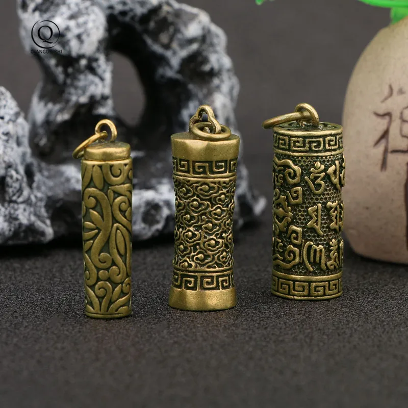 Brass Buddha Tibet multiplier Sutra tantric Cylinder Pendant Keychain Hanging Necklace Jewelry Pill Box Medicine Case Container