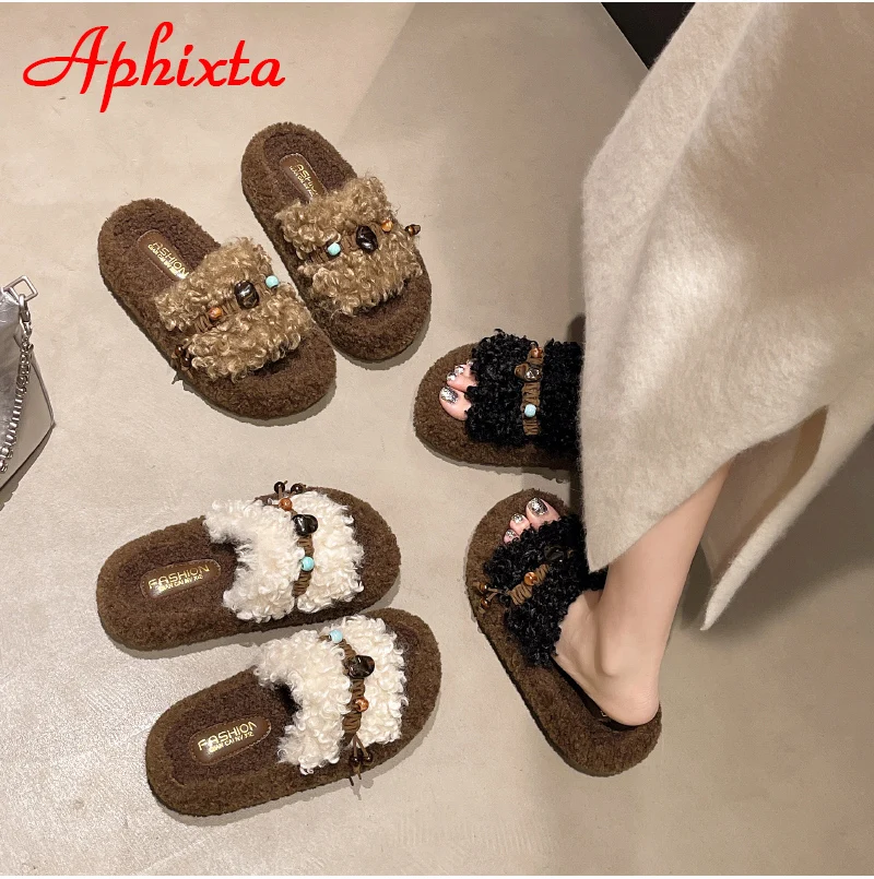 Aphixta Platform String Bead Women Warm Cotton Fur Slippers 4.5cm Flat With Teddy With Curly Fur Open Toe Slip On Ladies Shoes