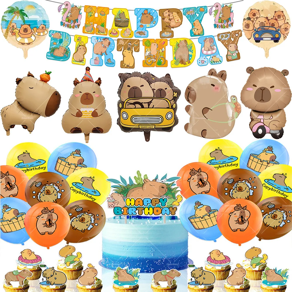 Capybara Balloons Birthday Party Banner Decorations Disposable Tableware Cup Backdrop Cake Topper Tablecloth Plate Tool Gifts