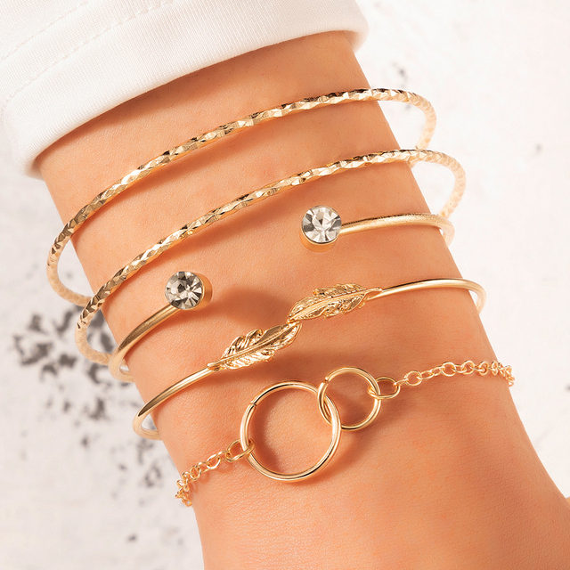 4pcs/Set Fashion Bohemia Leaf Knot Hand Cuff Link Chain Charm Bracelet Bangle for Women Gold Bracelets Femme Jewelry 6115