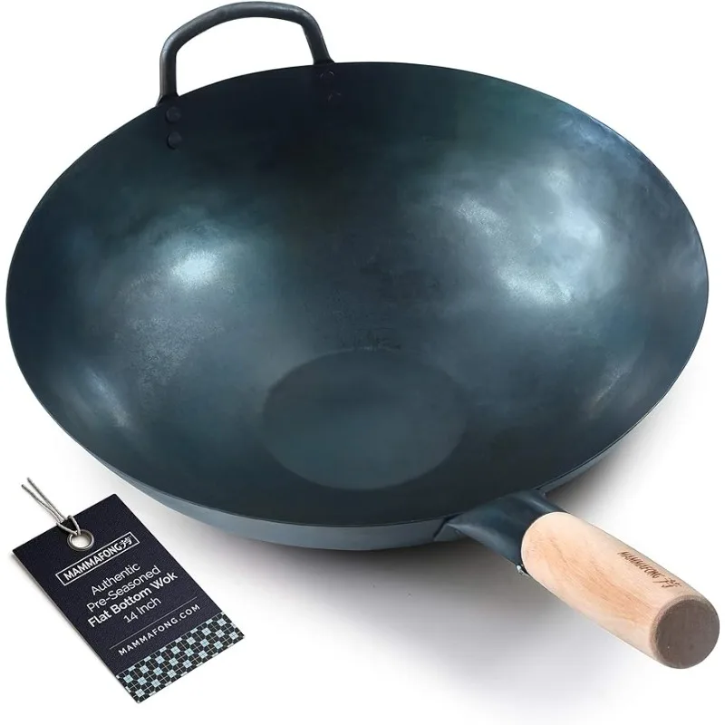 

Pre Seasoned Blue Carbon Steel Flat Bottom Wok -14 Inch Chinese Pow Wok - Traditionally Hand Hammered Woks and Stir Fry Pans…