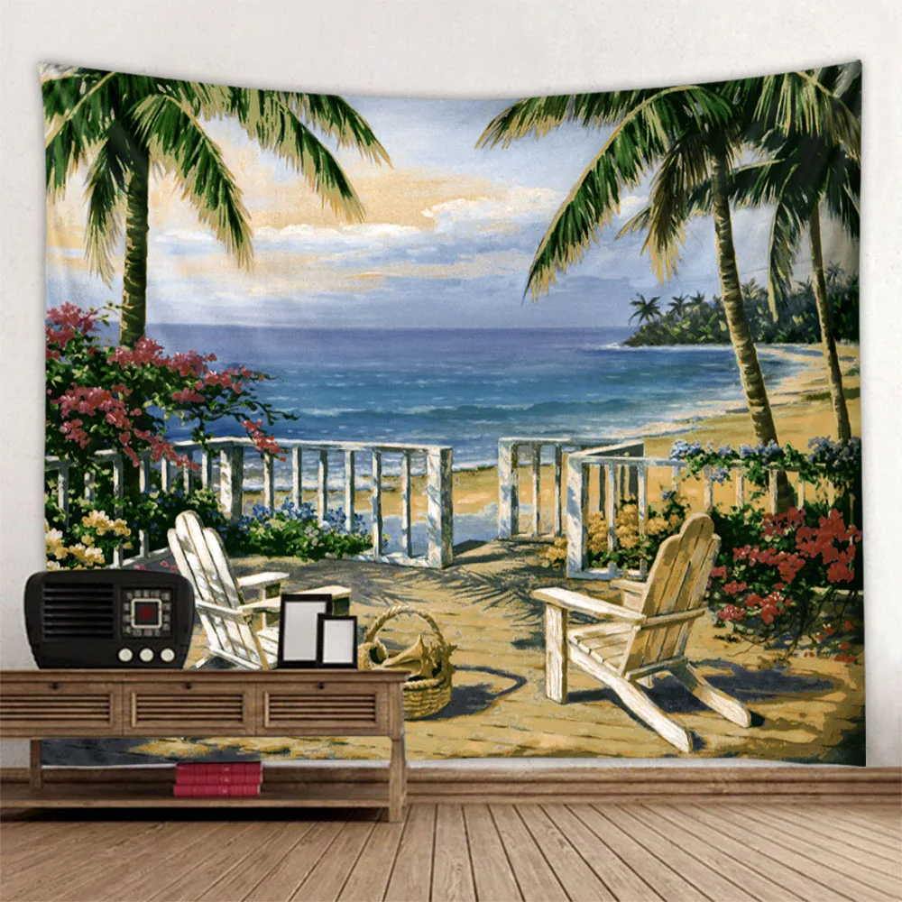 European style sea view oil painting tapestry retro art print wall hanging cloth dreamy hippie bedroom study wall decoration