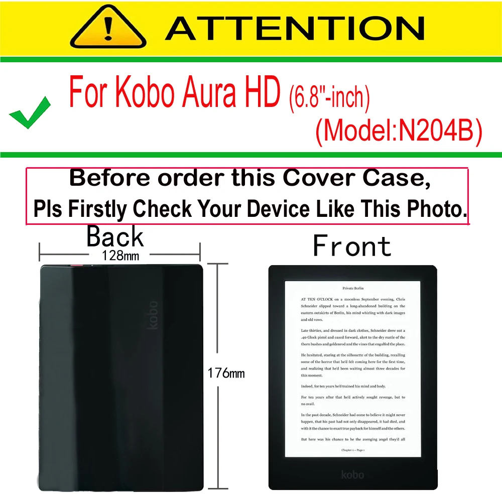 Case Ebook Leather Cover For Kobo Aura HD 6.8"(Model-N204B) Magnetic Closure Protective Cases Auto Sleep kindle case ereader case