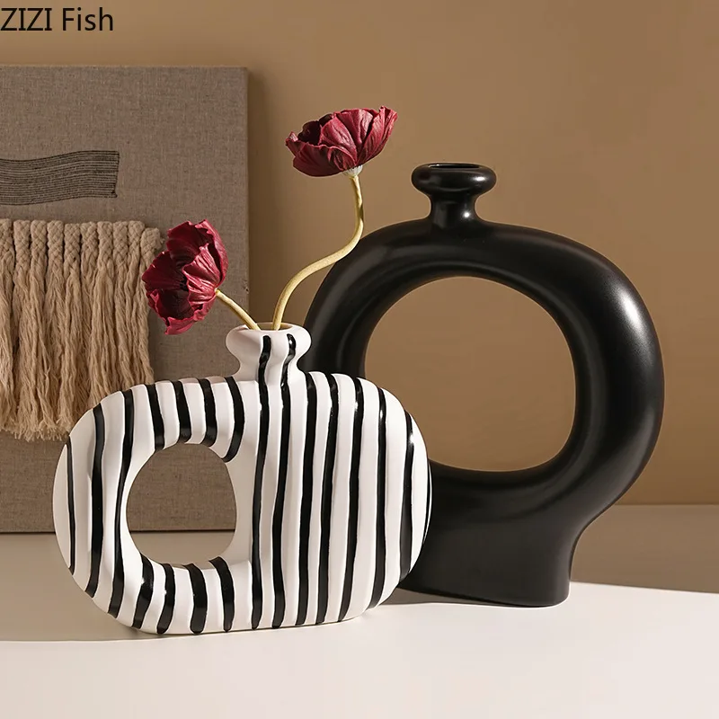 Zebra Stripes Ceramic Vase Artificial Flower Decorative Flowers Pots Desk Decoration Modern Floral Vases Room Aesthetic Decor 3
