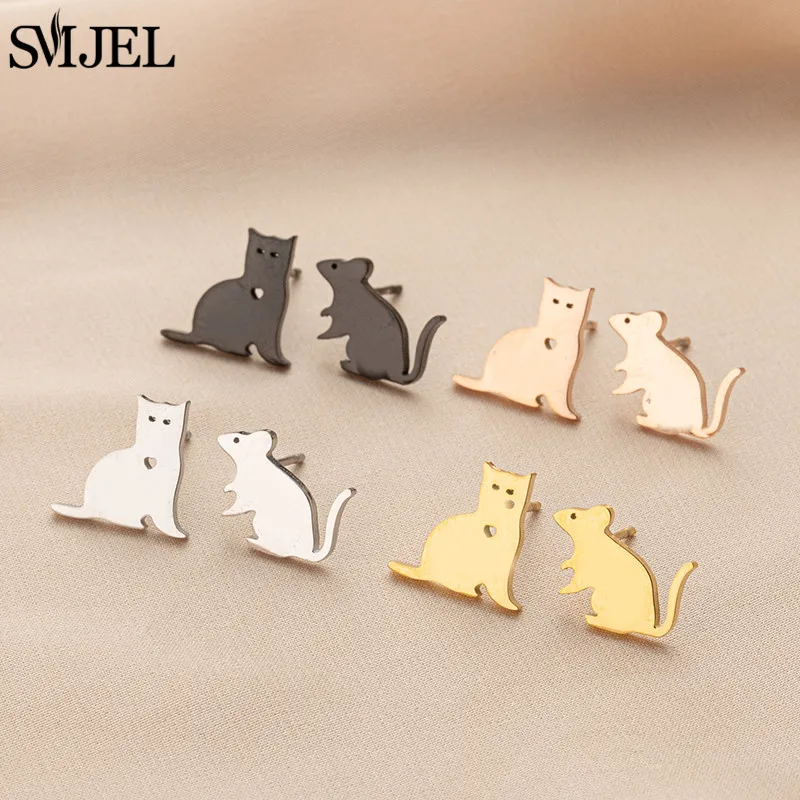 SMJEL Mini-Tier-Ohrringe aus Edelstahl, kleine Hunde-Ohrstecker für Frauen, Cartoon-Katzen-Maus-Ohrringe, Modeschmuck, Brincos Mujer – Detail 4