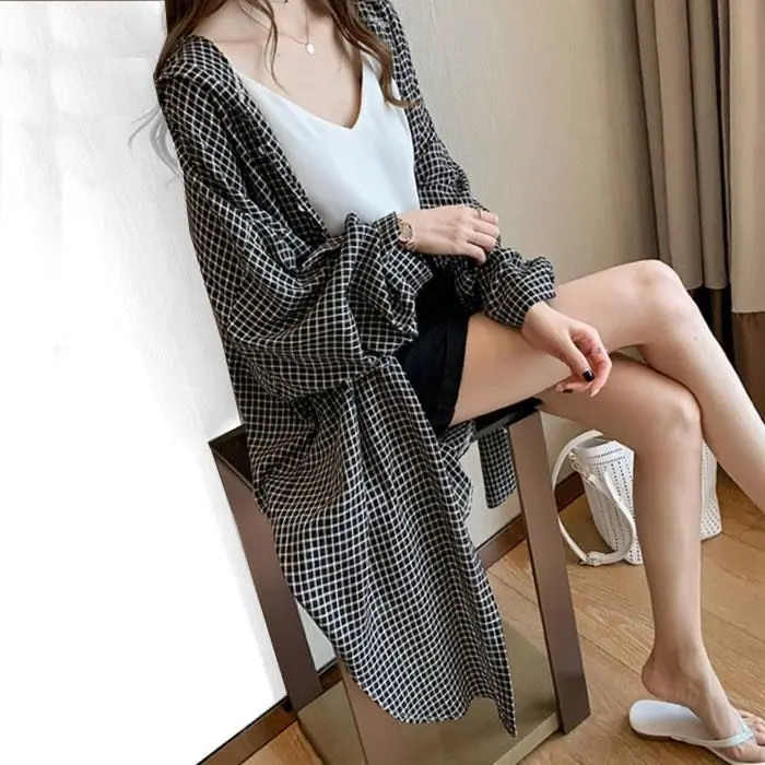 

Blouse Women Hooded Mid-Length Loose Plaid Shirt Coat Blusas Ropa De Mujer