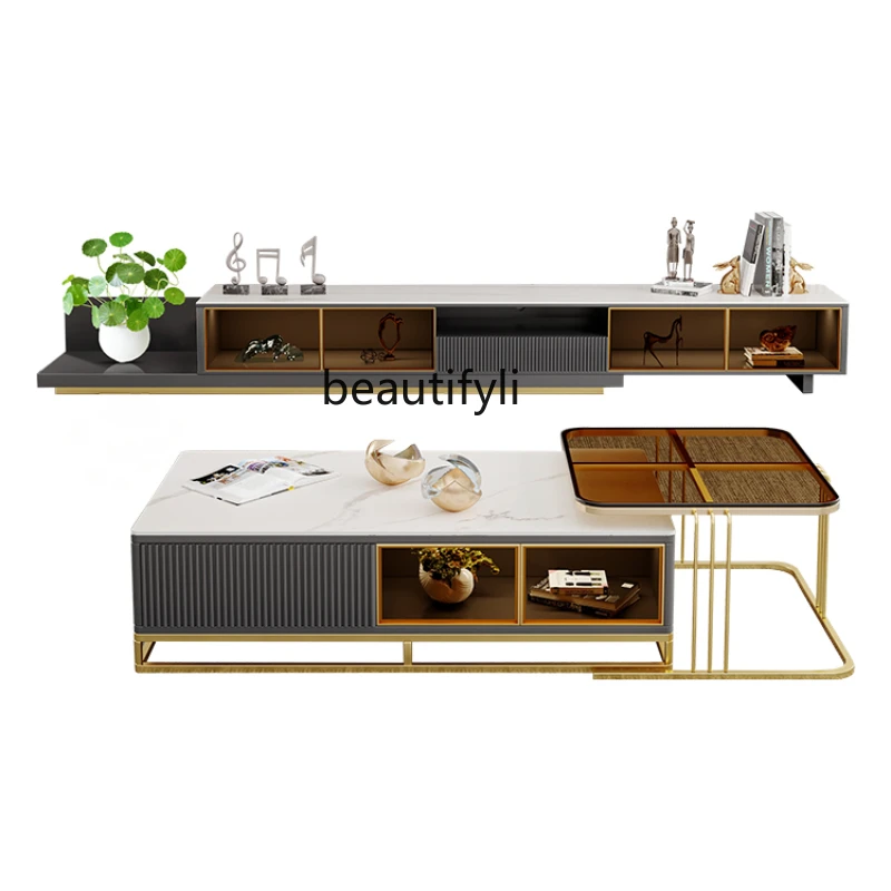 

Light Luxury Coffee Table TV Cabinet Combination Simple Modern Living Room Italian Stone Plate Retractable Floor Cabinet