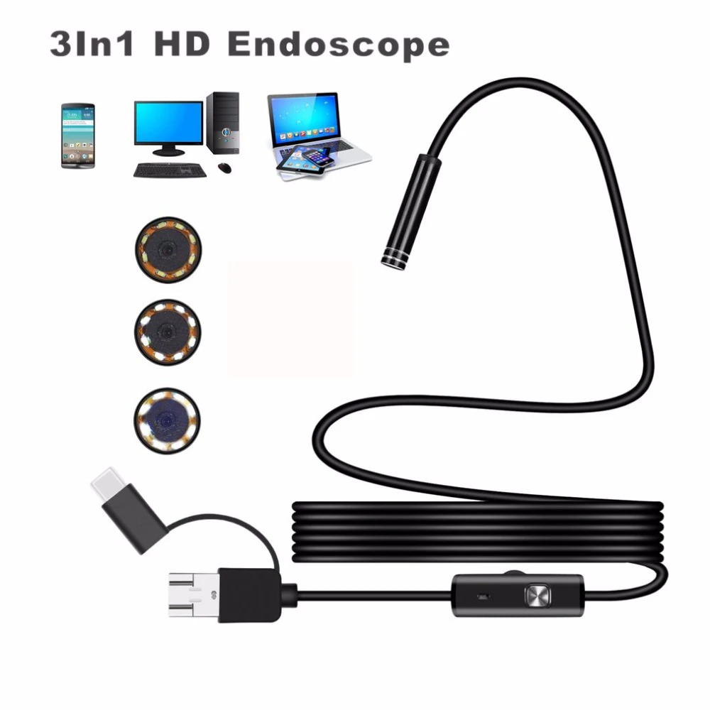 8mm lens Camera Endoscope HD 1200P IP68 15M Hard Flexible Tube Mirco USB Type-C Borescope Video Inspection for Android Endoscope