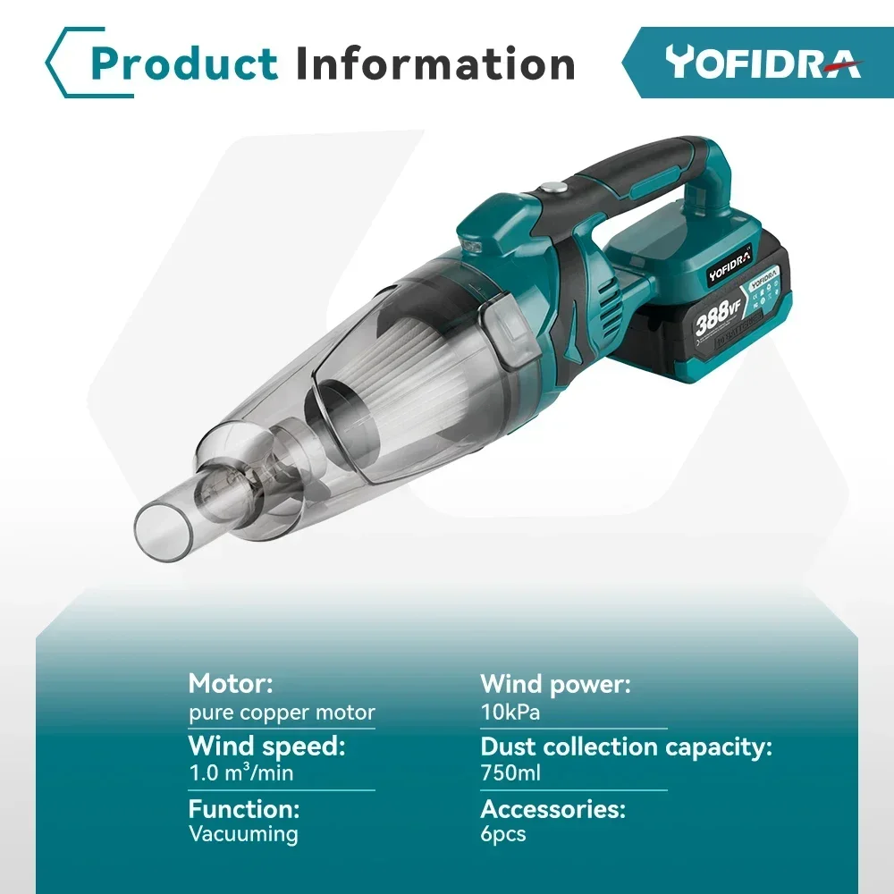 Yofidra Cordless Electric Vacuum Cleaner Portable Rechargeable Cleaning Tool For Home Car Pet Hair For Makita 18V Battery 3