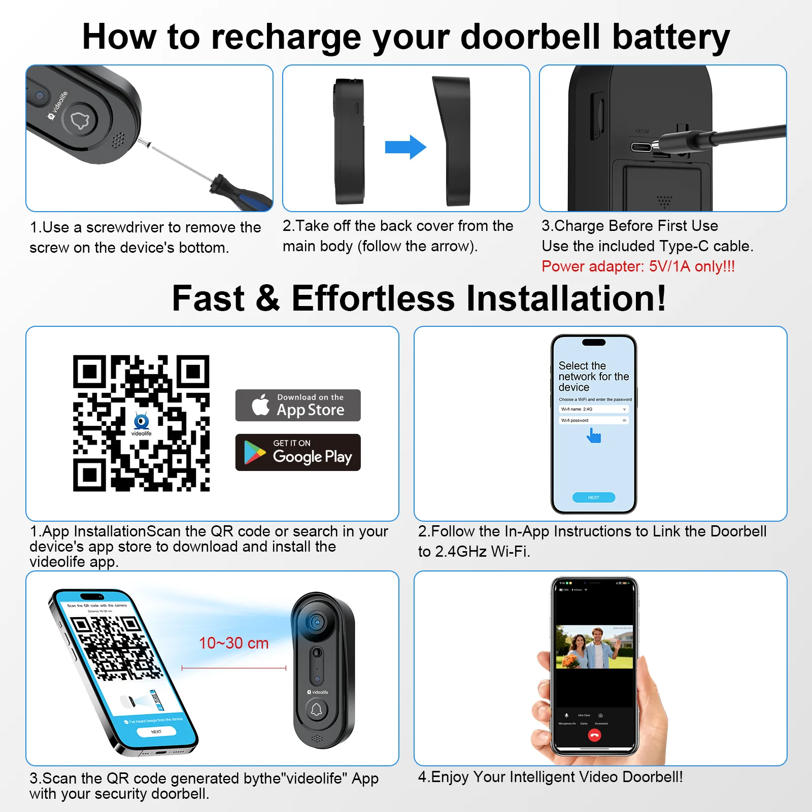 Videolife 1080P Wireless Smart Doorbell Camera Home WiFi Video Intercom PIR Motion Sensor Night Vision Smart Home SecurityBundle 6