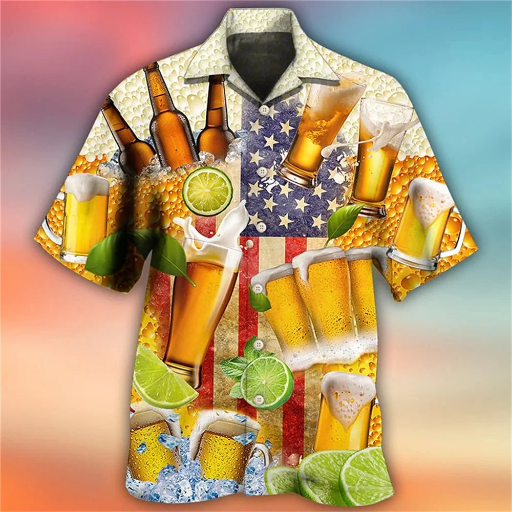 Hawaiian Shirt 3D Print Beer Short-sleeved Cuban Shirt Beach Wear Vintage Style For Men Women