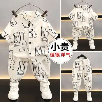 2-12Y Teenage Boys' Shirt Set 2023 New Handsome Children's Summer Short Sleeve Letter Shirt +Long Pants Baby Boy Summer Clothing