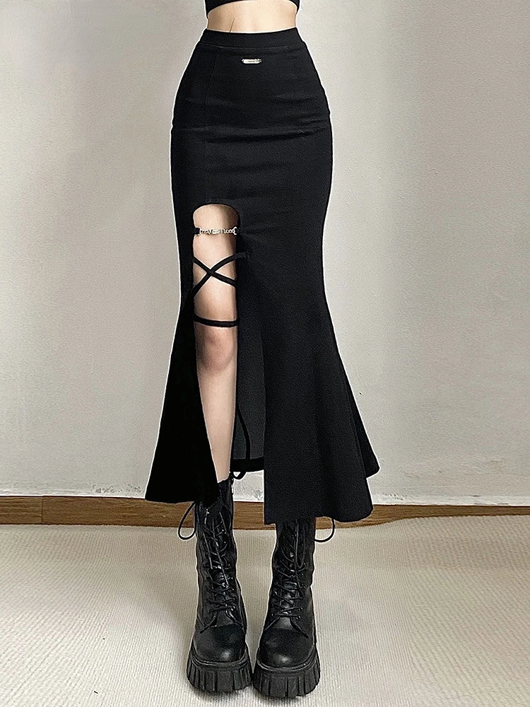 

Black Sexy Mysterious Royal Sister All-Match High Street Design Trend Mature Cool Slit Women's Flared Skirt Girl Skirts