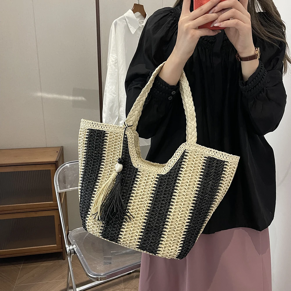 Striped Straw Beach Bag Large Vacation Bag Woven Holiday Travel Handbag with Tassel for Women Work Travel Vacation