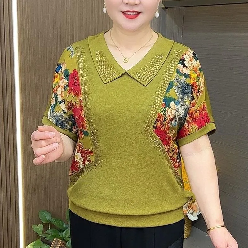 

Summer New Middle Aged Elderly Women Fashion Commute Print Diamonds Short Sleeve Pullover Doll Neck T-shirt Plus Size Bottom Top