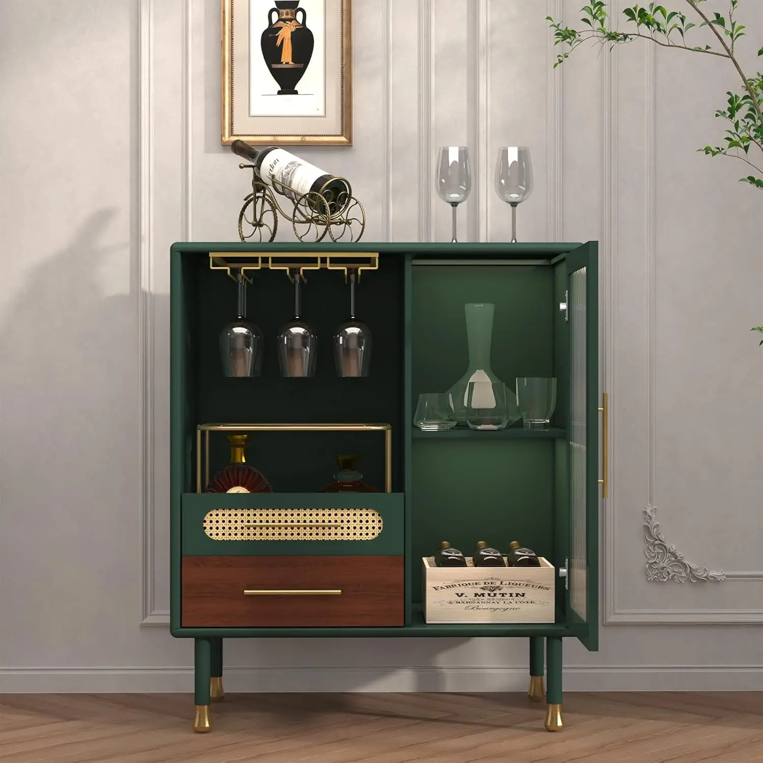Modern Coffee Bar Cabinet with Wine Glass Rack and Drawers, Green Liquor Cabinet with Pull-Out Wine Storage