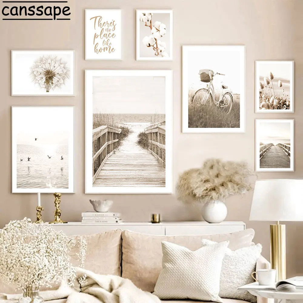 Beige Landscape Wall Poster Dandelion Art Prints Reed Canvas Painting Bridge Art Pictures Nordic