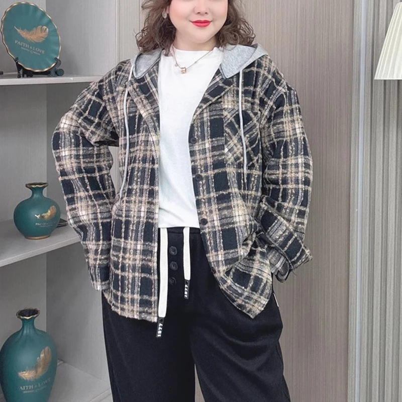 Plus Size Women's Brushed Plaid Hooded Jacket Retro Loose-Fit Spring/Autumn Casual Shirt Oversized Chic Outerwear