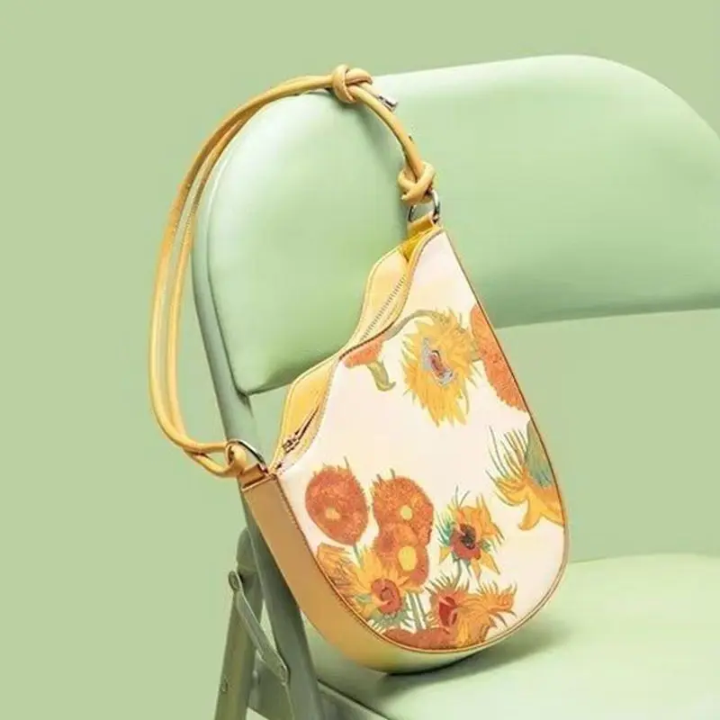 Retro Sunflower Rope Knot Shoulder Bags Women Yellow Oil Painting Leather Wave Edge Handbag Ladies Fashion Niche Underarm Bag