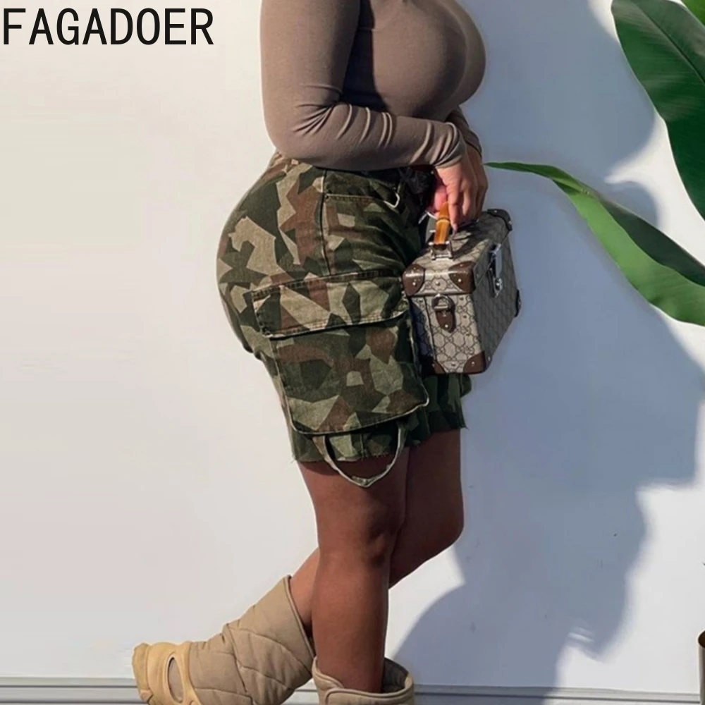 FAGADOER Casual Camouflage Print Sporty Shorts Women High Waist Button Pocket Shorts Casual Female Matching Streetwear Bottoms
