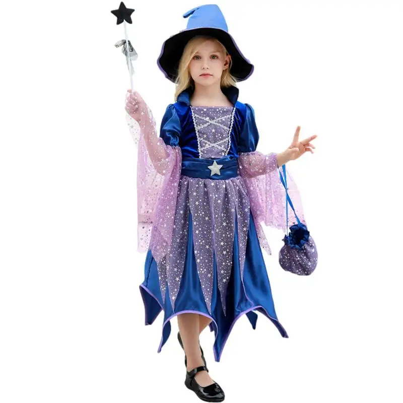 

Halloween Witch Costume for Girls Purple Witch Dress Set with Hat Magic Wand Candy Bag Party Cosplay Witch Tutu for School Plays