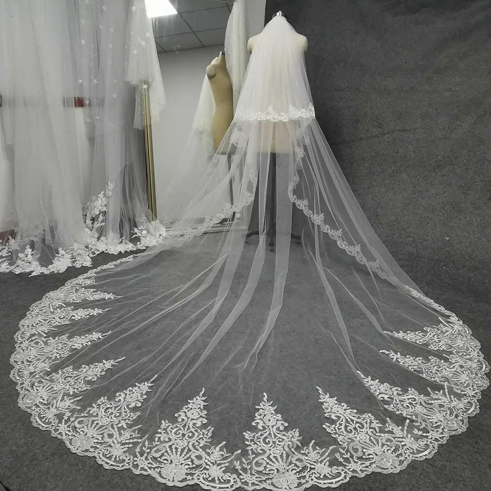

Long Lace 2 Layers Wedding Veil with Comb White Ivory 3 Meters 2T Bridal Veils with Blusher Bride Veil Wedding Accessories