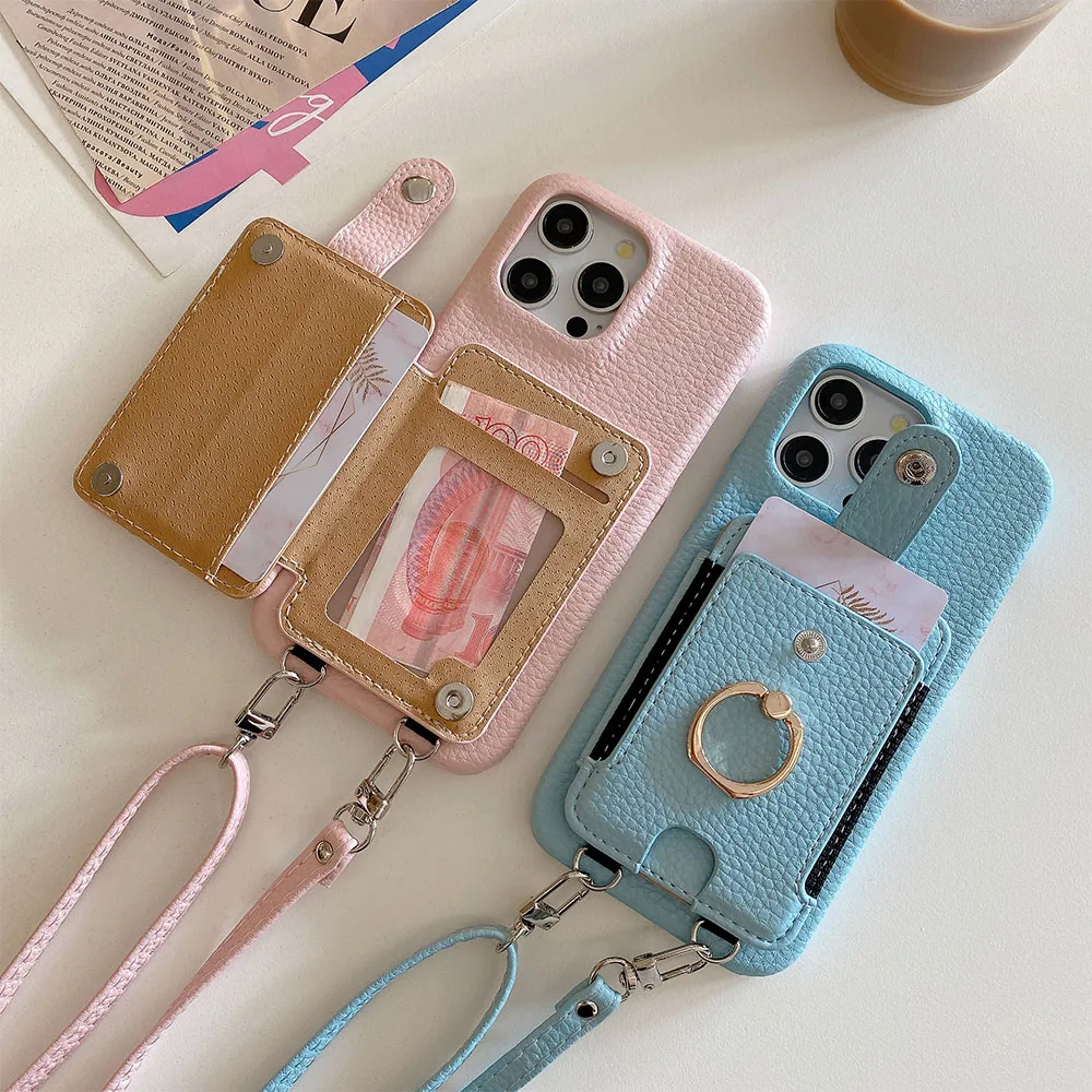 Luxurious Leather Crossbody Phone Case with Ring Wallet and Card Holder