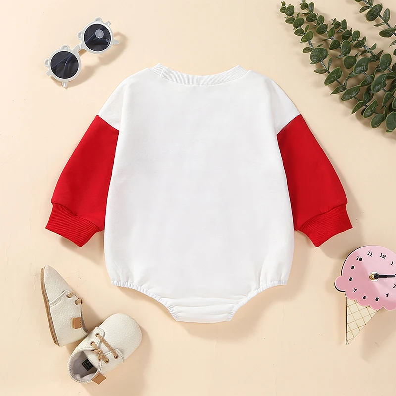 

Newborn Baby Boy Girl Valentines Day Outfit Heart Print Sweatshirt Romper Ruffle Long Sleeve Bubble Romper Outfits Toddler
