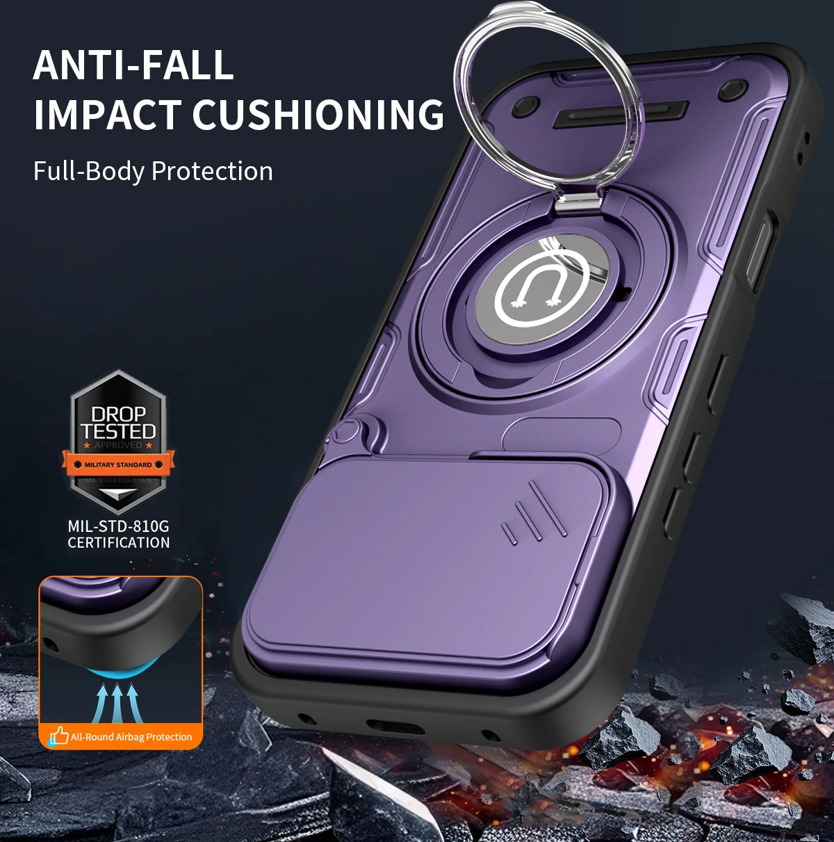 Magnetic 360° Ring Holder with Slide Camera Phone Case - Shockproof Stand Cover