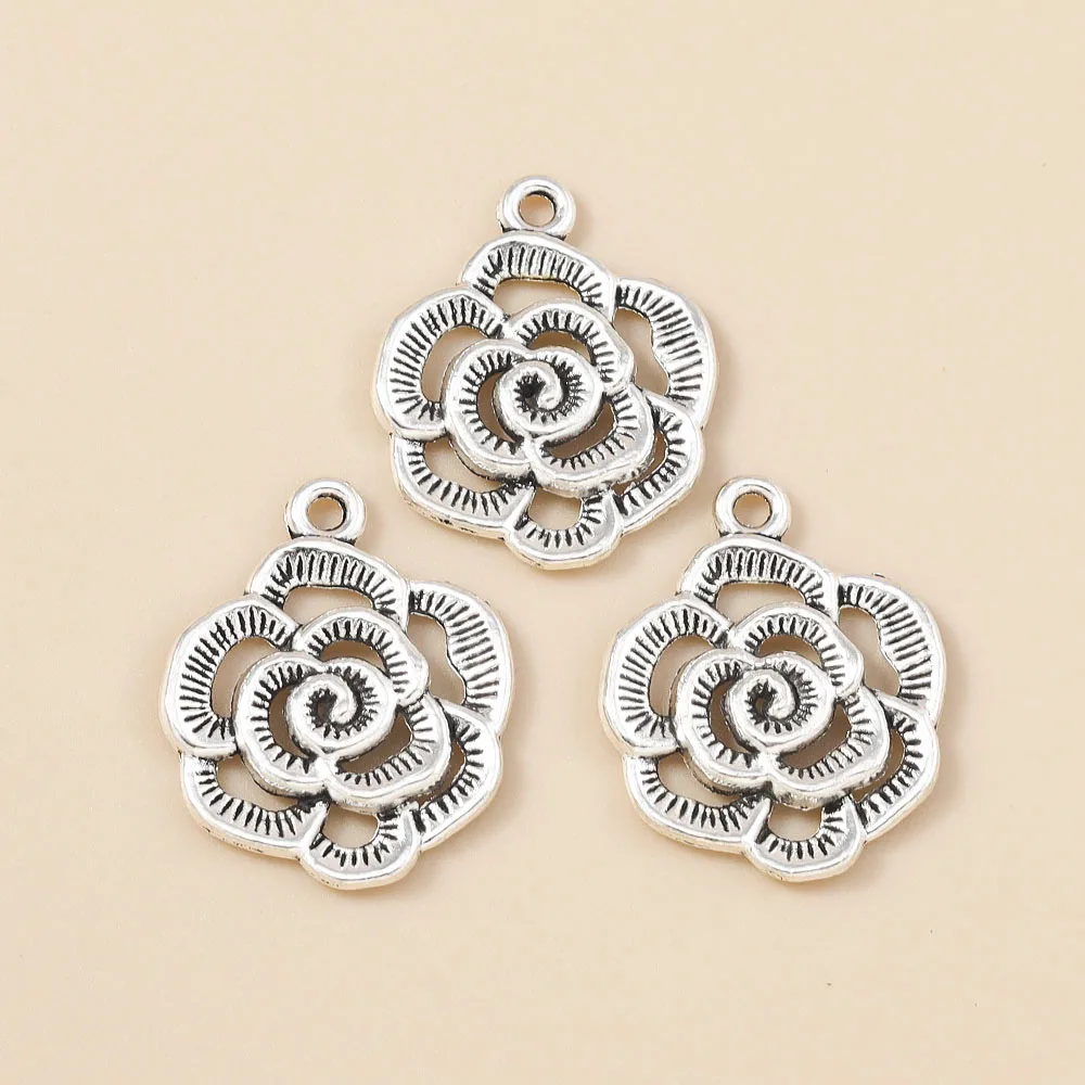Leslie 10 Stück 20*24mm Metall-Anhänger in Antik-Silber-Optik mit Blumenmotiven für Tibetischen Schmuck, Halsketten, Schlüsselanhänger und DIY-Bastelarbeiten – Detail 4