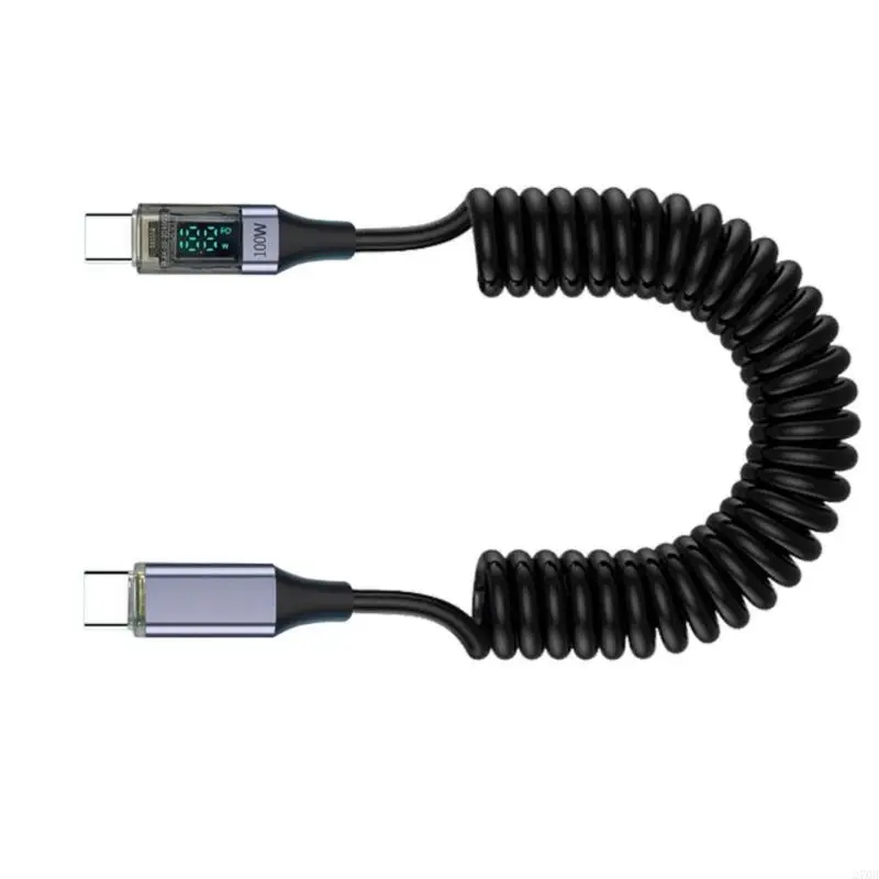 100W 초고속 USB C 케이블 스프링 코일 신축성 코드 디지털 디스플레이 안전 충전 휴대폰용 대용량 전원 공급