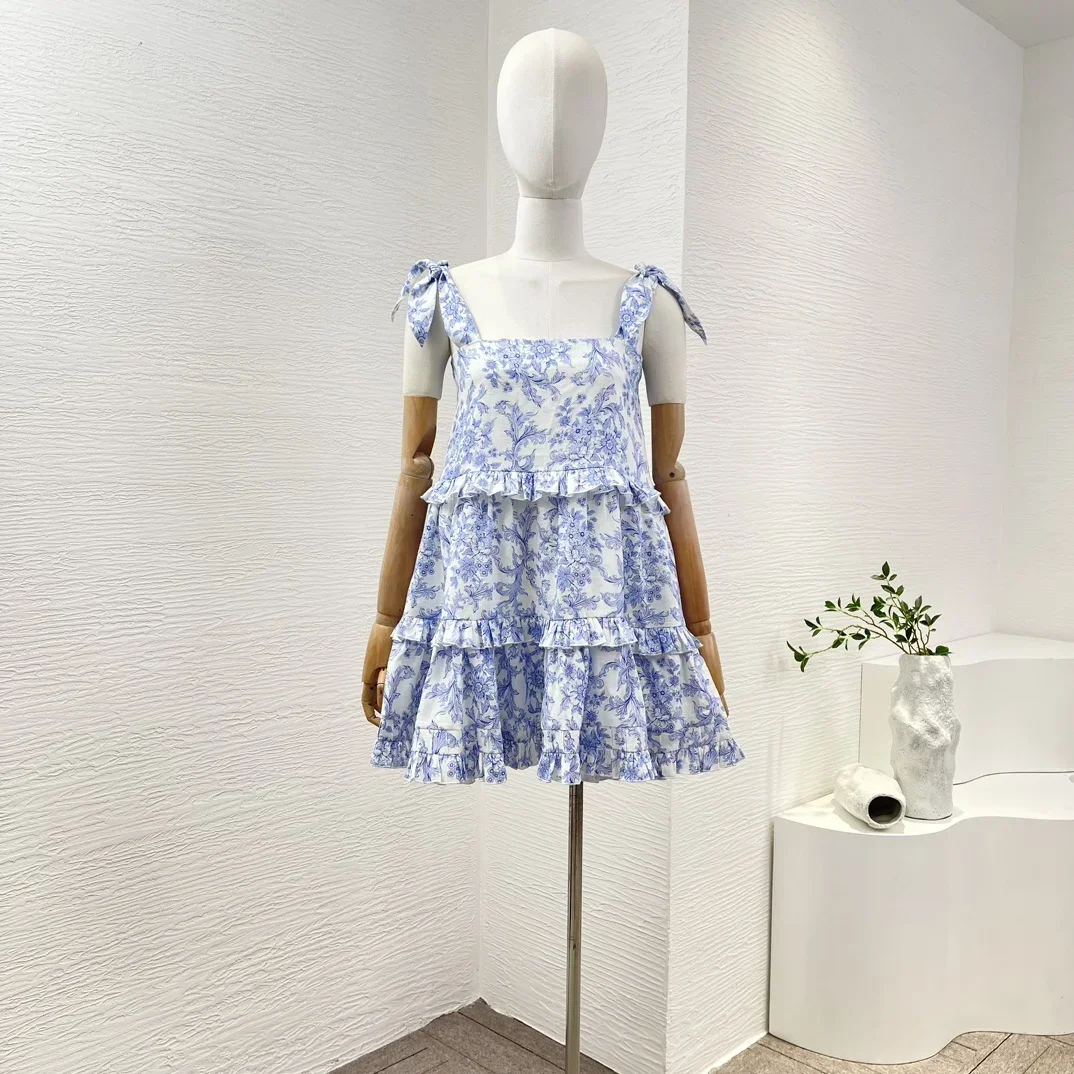 

Linen 2024 New High Quality Blue Frilled Ruffles Sleeveless Floral Print Sweet Women Mini Dress for Holiday