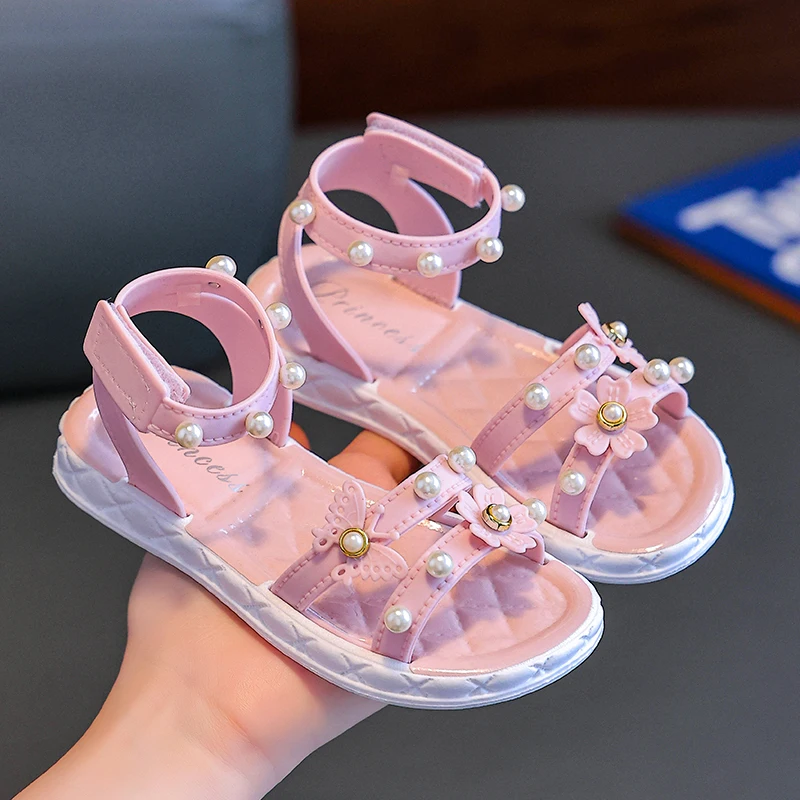 여름 나비 구슬 장식 샌들, 3-7 세 여아용 어린이 슬리퍼, 미끄럼 방지 해변 쪼리, 가정용 어린이 신발 