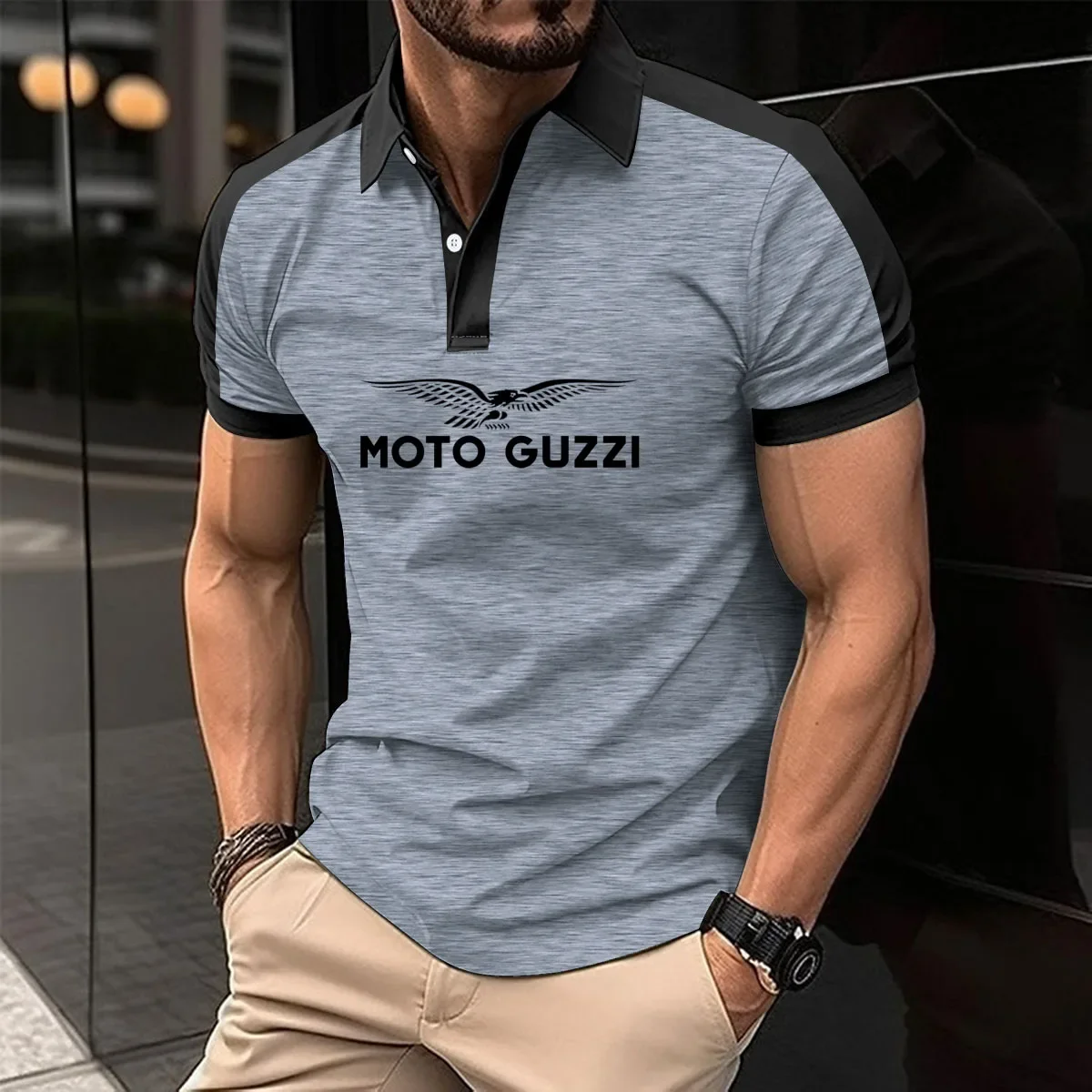 Description Picture 6 of itemFashion POLO shirt new sales comfortable cotton Polo short sleeve moto guzzi print Color matching Harajuku business men's shirt