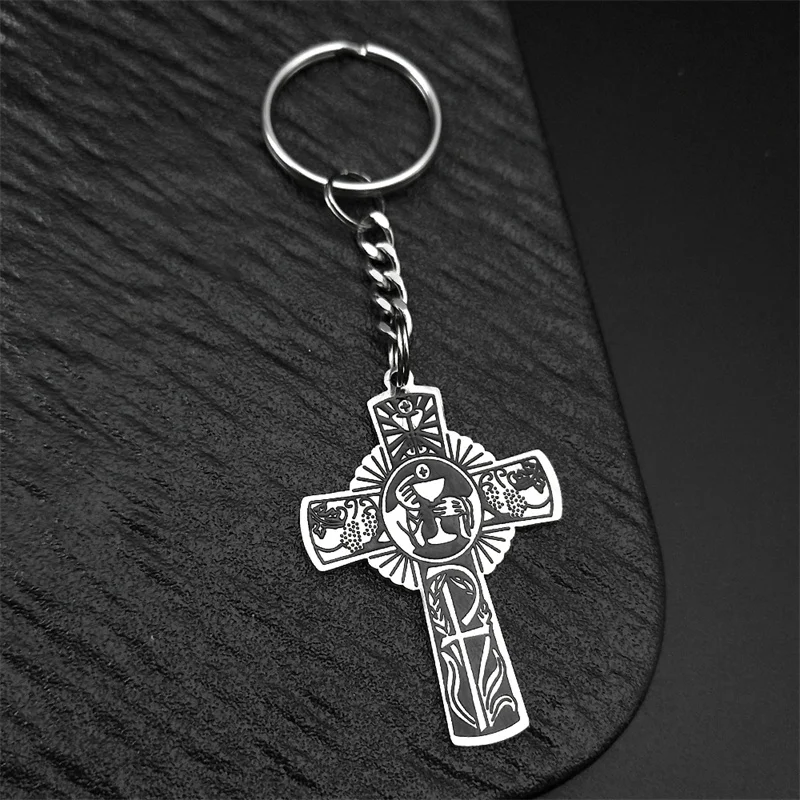 Christlicher Christus Eucharistie Halo Traubensaft Kreuz Schlüsselanhänger Edelstahl Männer Frauen Katholischer Heiliger Geist Kirchenschmuck – Detail 3