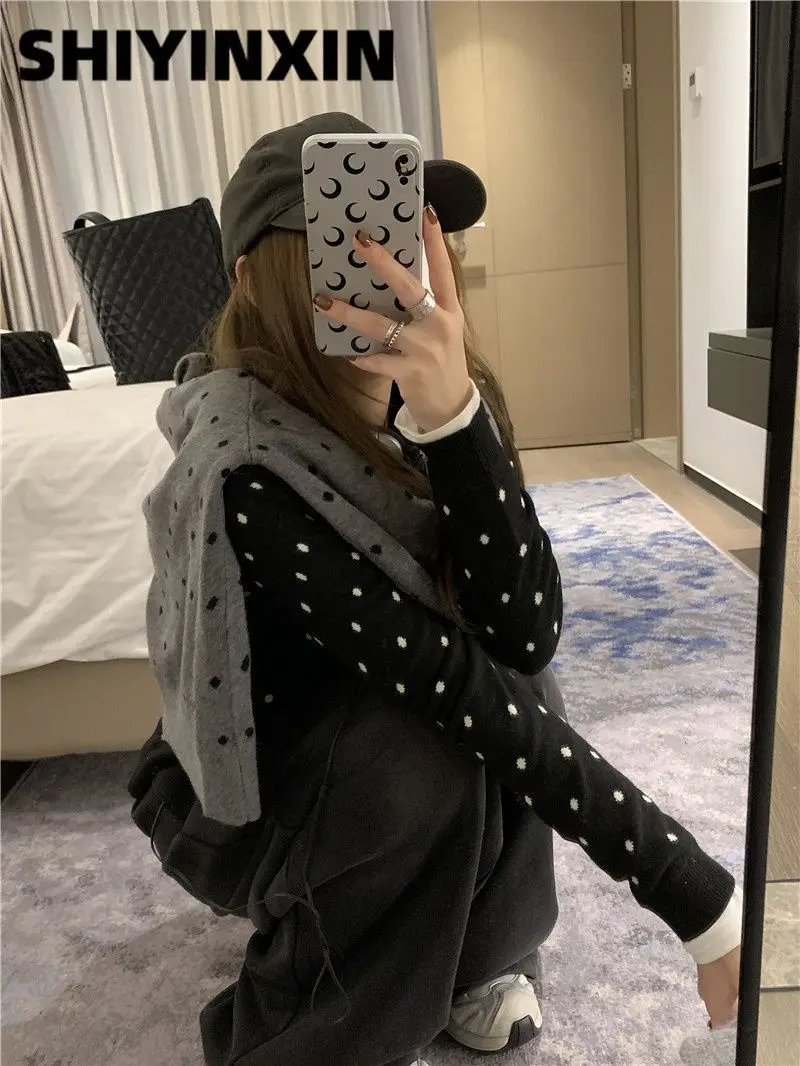 폴카 도트 O넥 긴팔 니트 가디건, 올매치 뜨게 아우터, 여성 의류, 한국 패션 상의, 신상