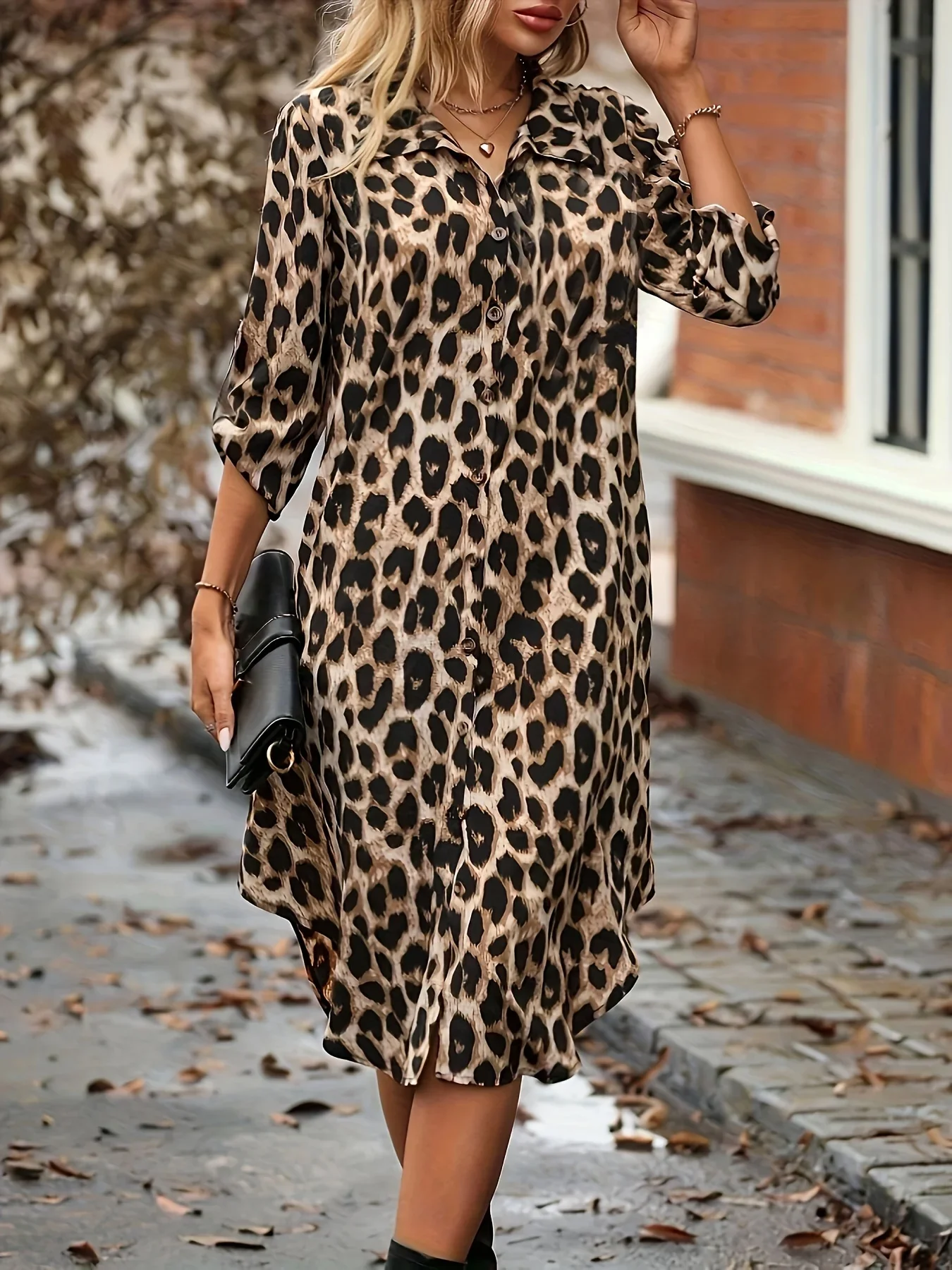 BWQ New Elegant Women's Summer Leopard Shirt Dress Casual Loose Turn Down Collar Mid Calf Straight Long Dresses 2025