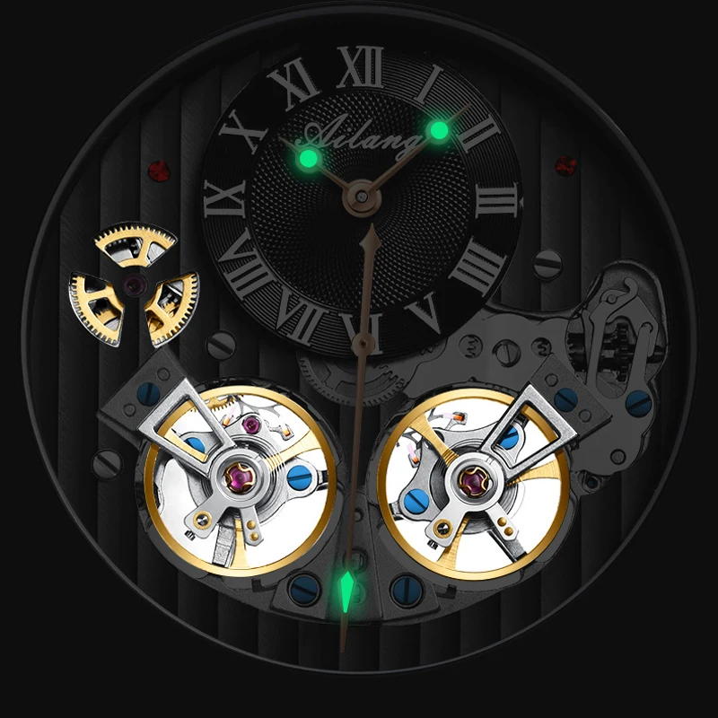 AILANG Top Brand Luxury Watch Men Automatic Luminous Black Clock Men Double Tourbillon Waterproof Mechanical Watch Relogio