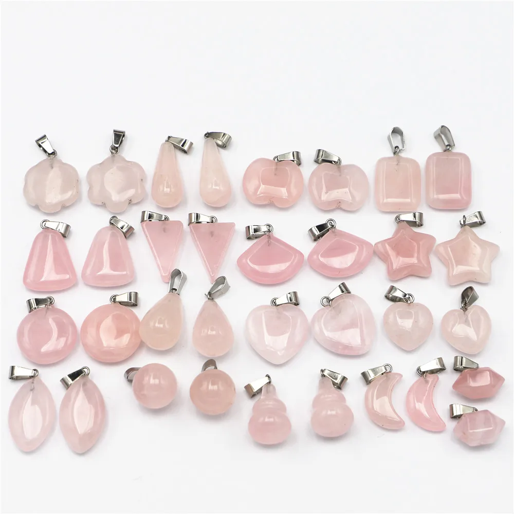 

Fashion Natural Rose Quartz Stone Crystal Heart Fan Pendants Charms Waterdrop Gourd Star Moon for Women Jewelry Making 30PCS