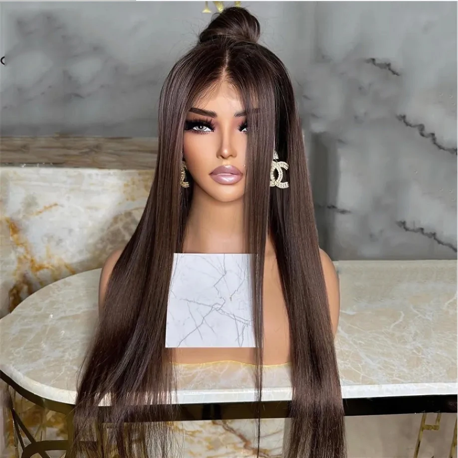 aliexpress.com - Dark Brown Long Silky Straight Preplucked Soft 26 Inch 180% Density Natural Brown Lace Front Wig Fiber